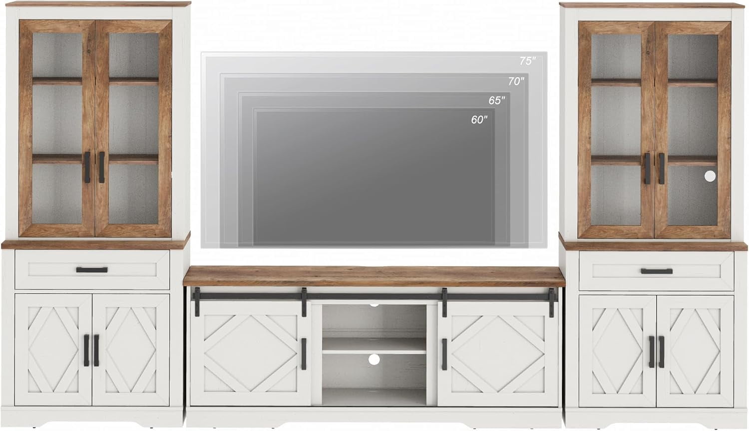 WAMPAT Farmhouse Entertainment Center with Bookshelf for TVs up to 75",Modern TV Stand with 73"H Tall 5-Tier Bookcase with Open Storage and Barn Doors for Living Room,Bedroom,Antique White