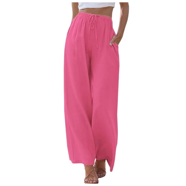 Pantalones palazzo de lino de cintura alta y pierna ancha para mujer - Pantalones de playa con cordón - Tallas S-3XL