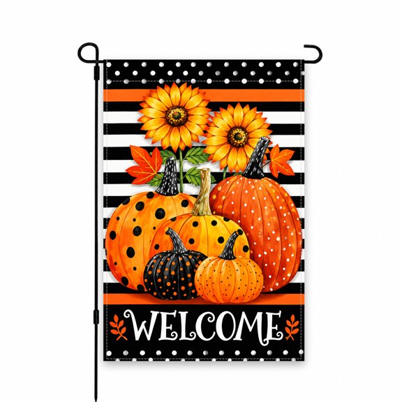 Welcome Garden Flag 12 x 18 Inch – Fall Decor with Sunflowers, Pumpkins, Polka Dots & Stripes – Seasonal Yard Patio Porch Outdoor Decoration