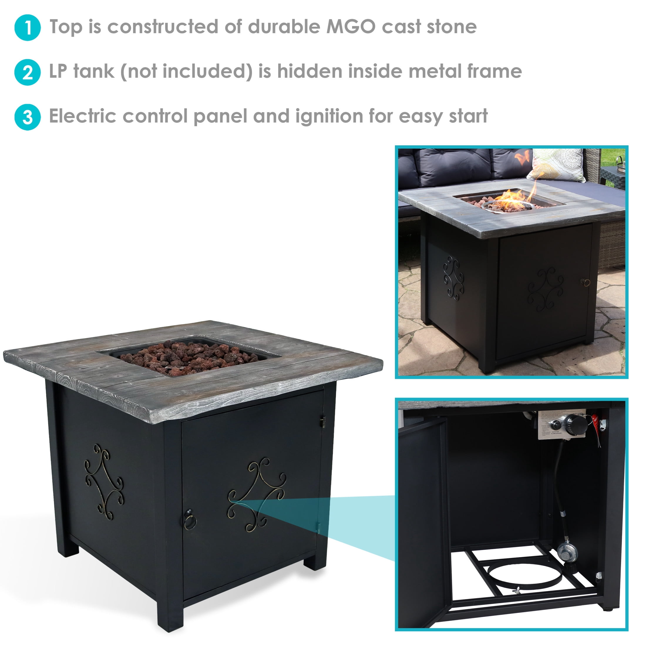 Sunnydaze 30" x 30" Square 40,000 BTU Propane Cast Stone Gas Fire Pit Table with Lava Rocks