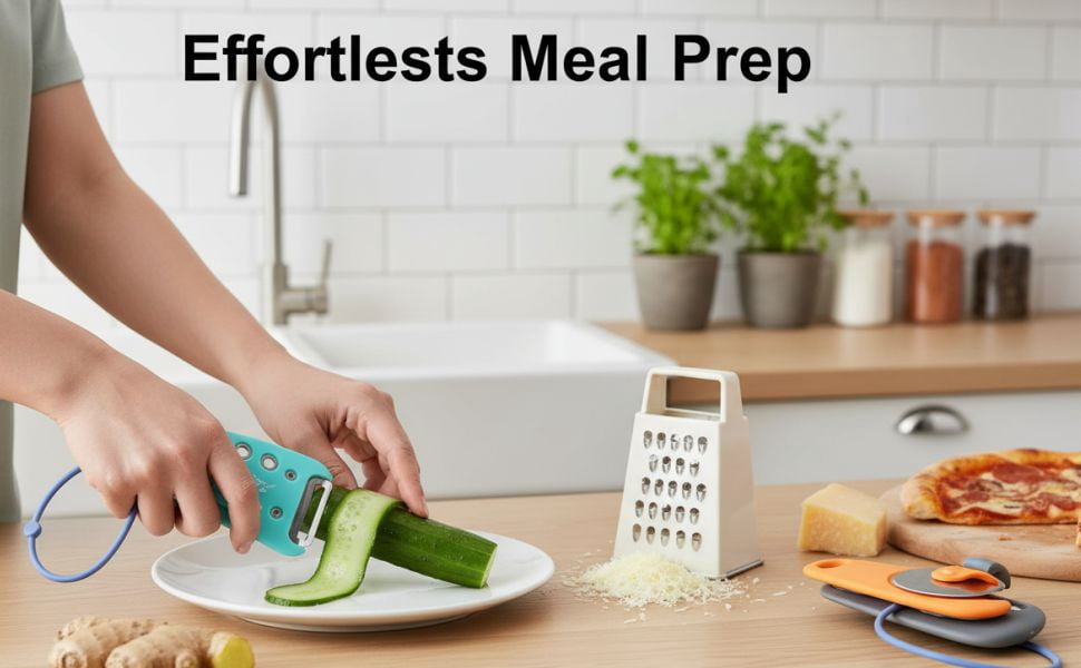 6-in-1 Kitchen Gadget Set - Vegetable Peeler, Pizza Cutter, Cheese Grater, Garlic Press, Bottle Opener & Herb Chopper, Multifunctional Cooking Tools