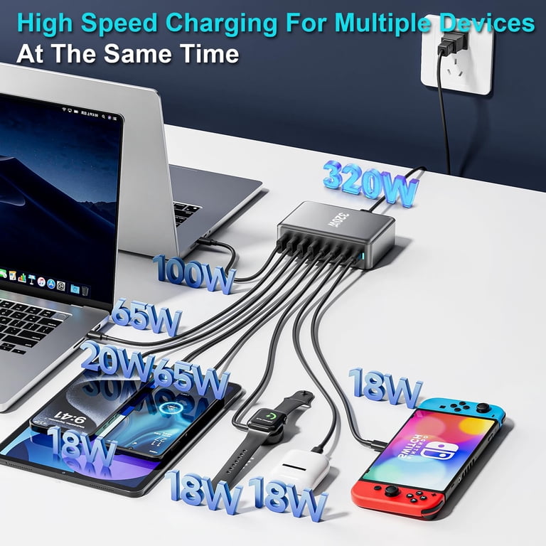 320W GaN III 8-Port USB C Charging Station - 100W Laptop Charger With 4 USB C & 4 USB A Ports