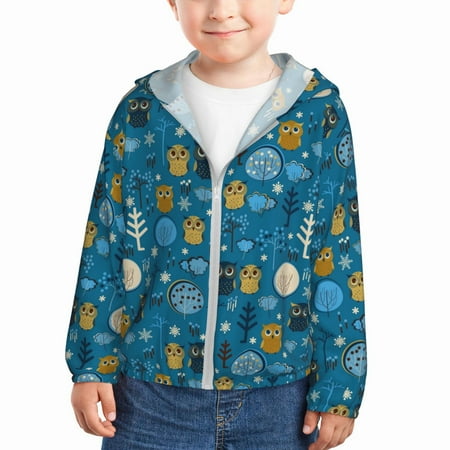 

Sun Hoodie for Kids Owls And Trees Long Sleeve Swim Fishing Shirts Sun Protection Zip Up Jacket Clothing Athletic Hoodie