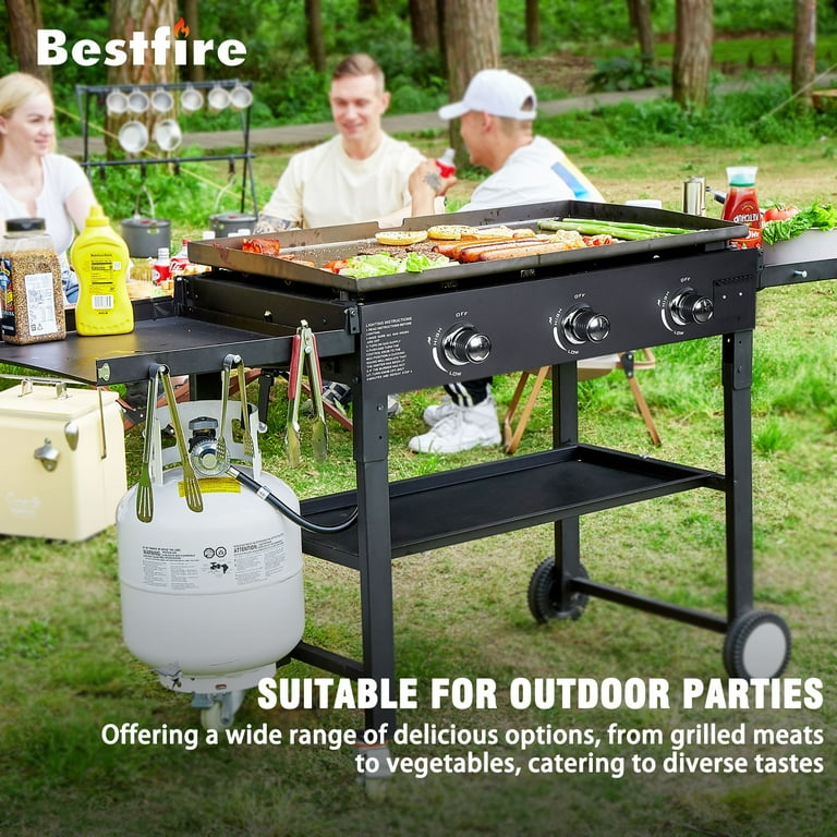 Llamaviva 3 Burner Flat Top Grill - 45,000 BTU, Portable With Foldable Shelves, Porcelain Grate