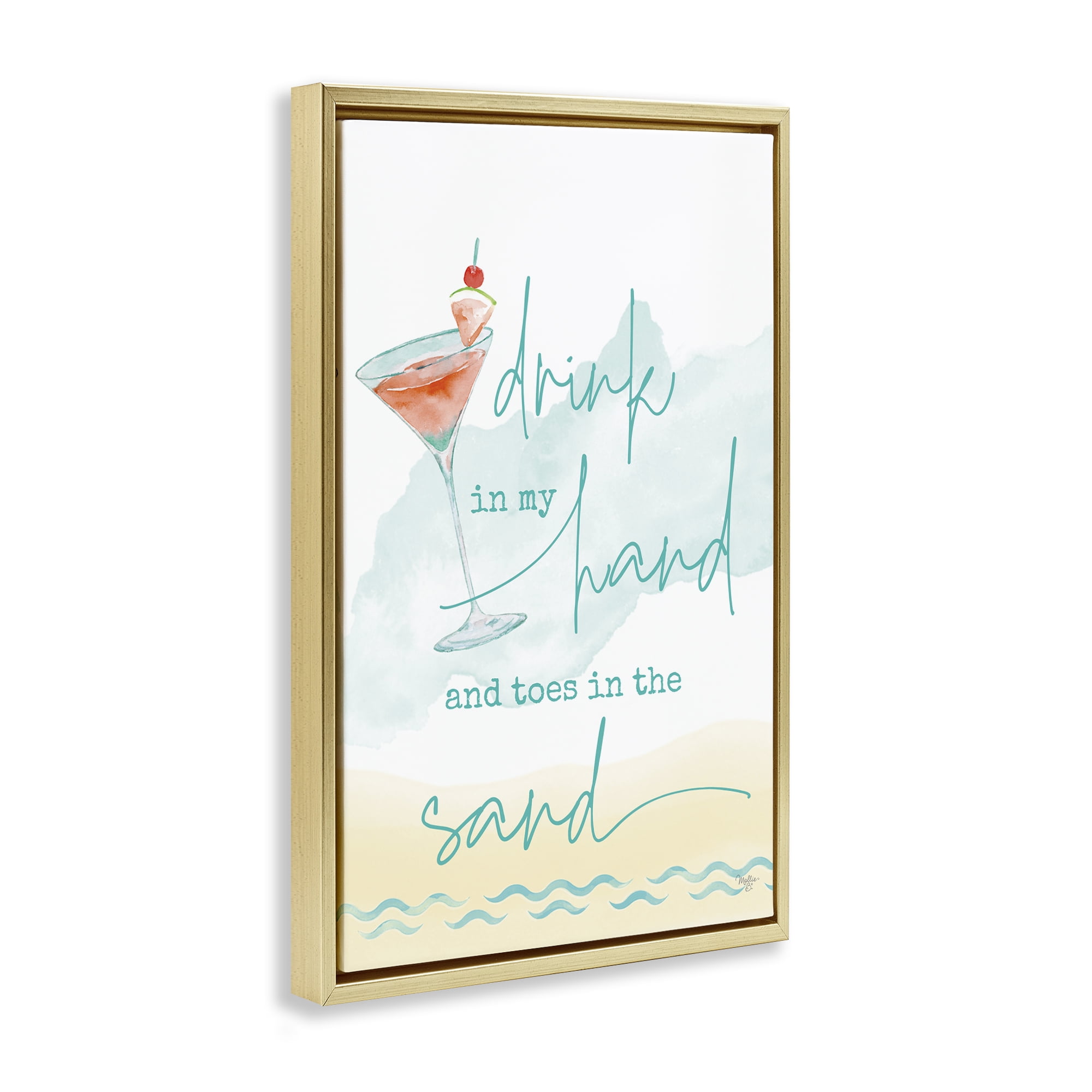 Stupell Industries Drink & Sand Beach Sentiment Text & Numbers Painting Gold Floater Framed Canvas Art Print Wall Art, 21 x 31