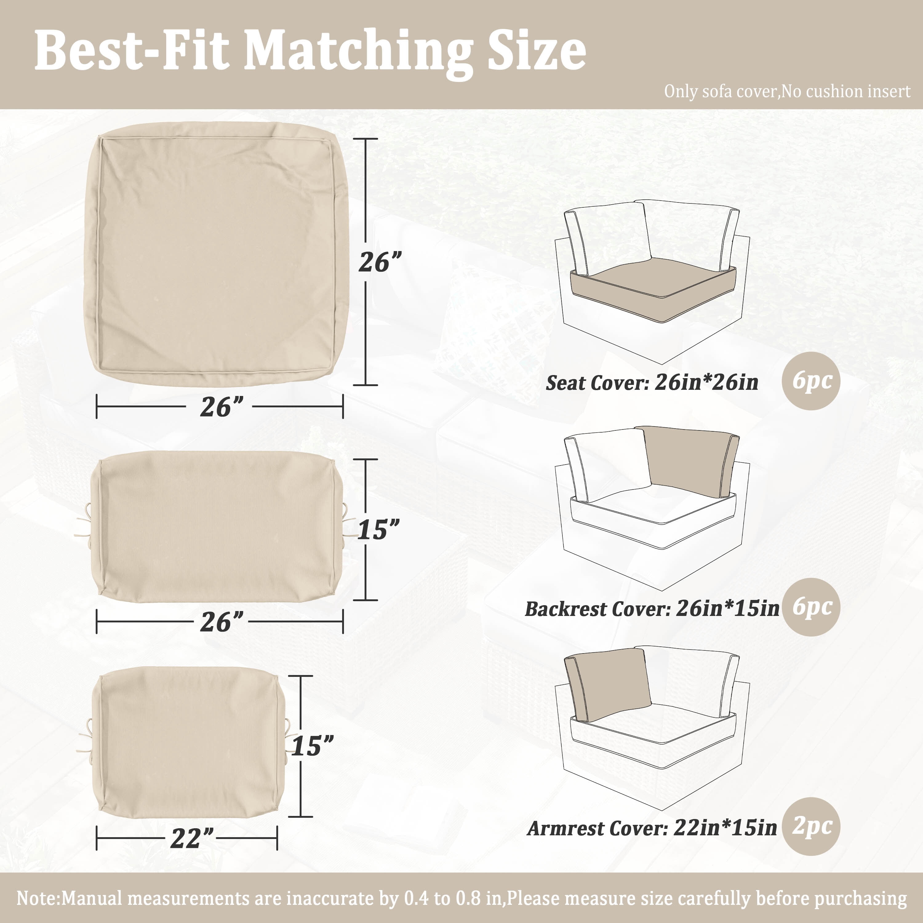 Kimunuk 14 Pcs Outdoor Cushion Slipcovers, Replacement Outdoor Patio Cushion Covers with 3 Size, Waterproof and Zippered, Fit for Outdoor Furniture, Patio Sofa Couch, Covers Only, Cream