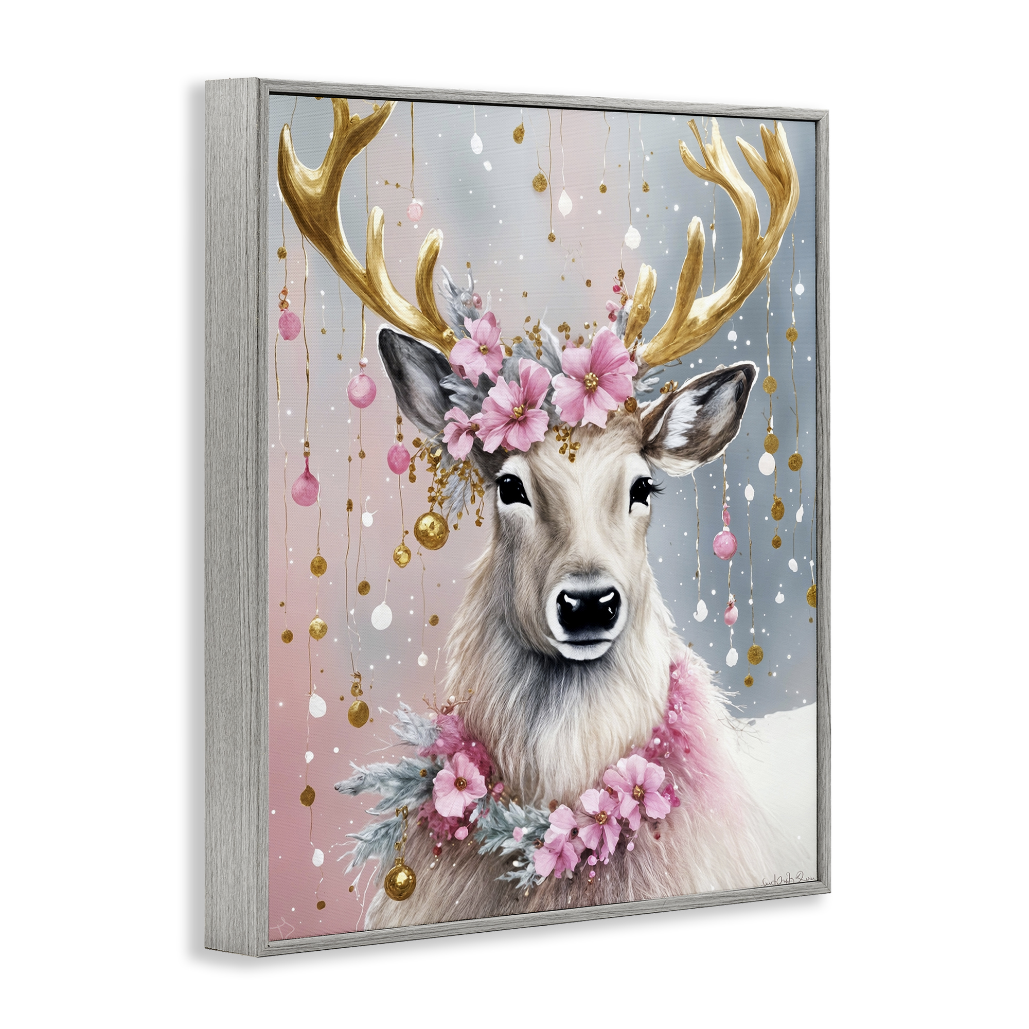 Stupell Industries Pink Floral Festive Reindeer Holiday Painting Gray Framed Art Prints Wall Art, 11 x 14