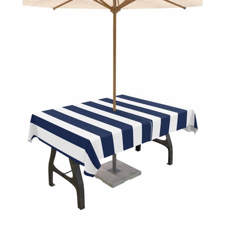 Nautical Navy Blue White Stripes Rectangle Tablecloth with Zipper Waterproof Table Cloth with Umbrella Hole Patio Tablecloths for Outdoor Tables Simple Geometric Art Washable Spillproof Table Cover