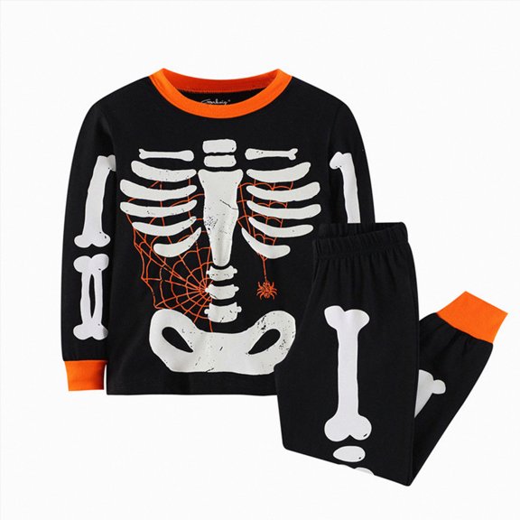 felwors Toddler Kids Little Boy Girl 2pcs Snug Fit Glow-in-the-Dark Halloween Skeleton Pjs Cotton Long Sleeve Sleepwear (Orange,7-8 Years)