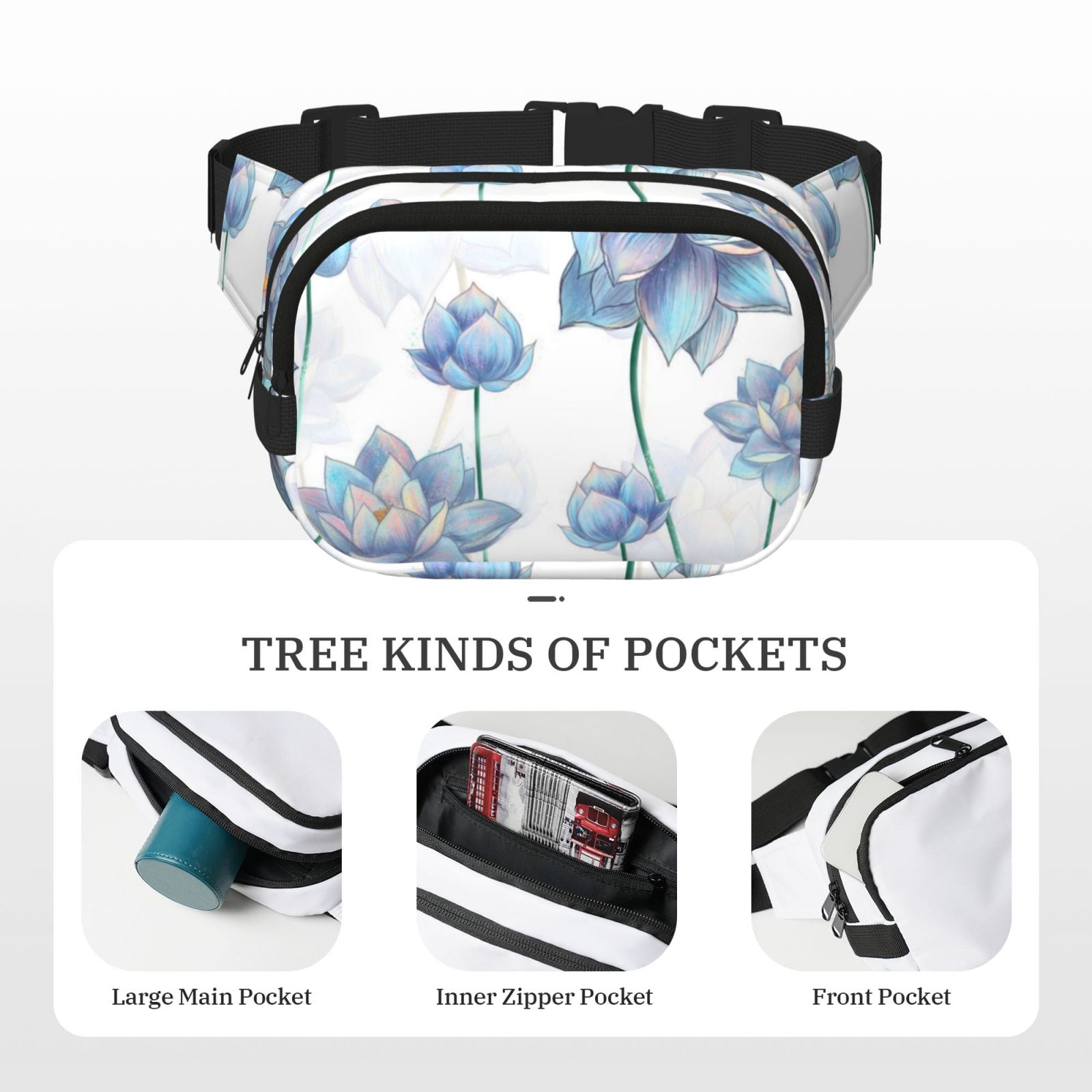Hirioo Pale Blue Lotus Flowers for Double Layer Waist Bag Adjustable Fanny Pack For Travel Running Hiking