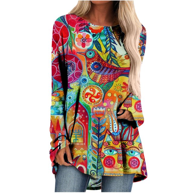 Camiseta holgada de manga larga con cuello redondo y paisaje natural de animales con estampado 3D para mujer Fridja hkj2618