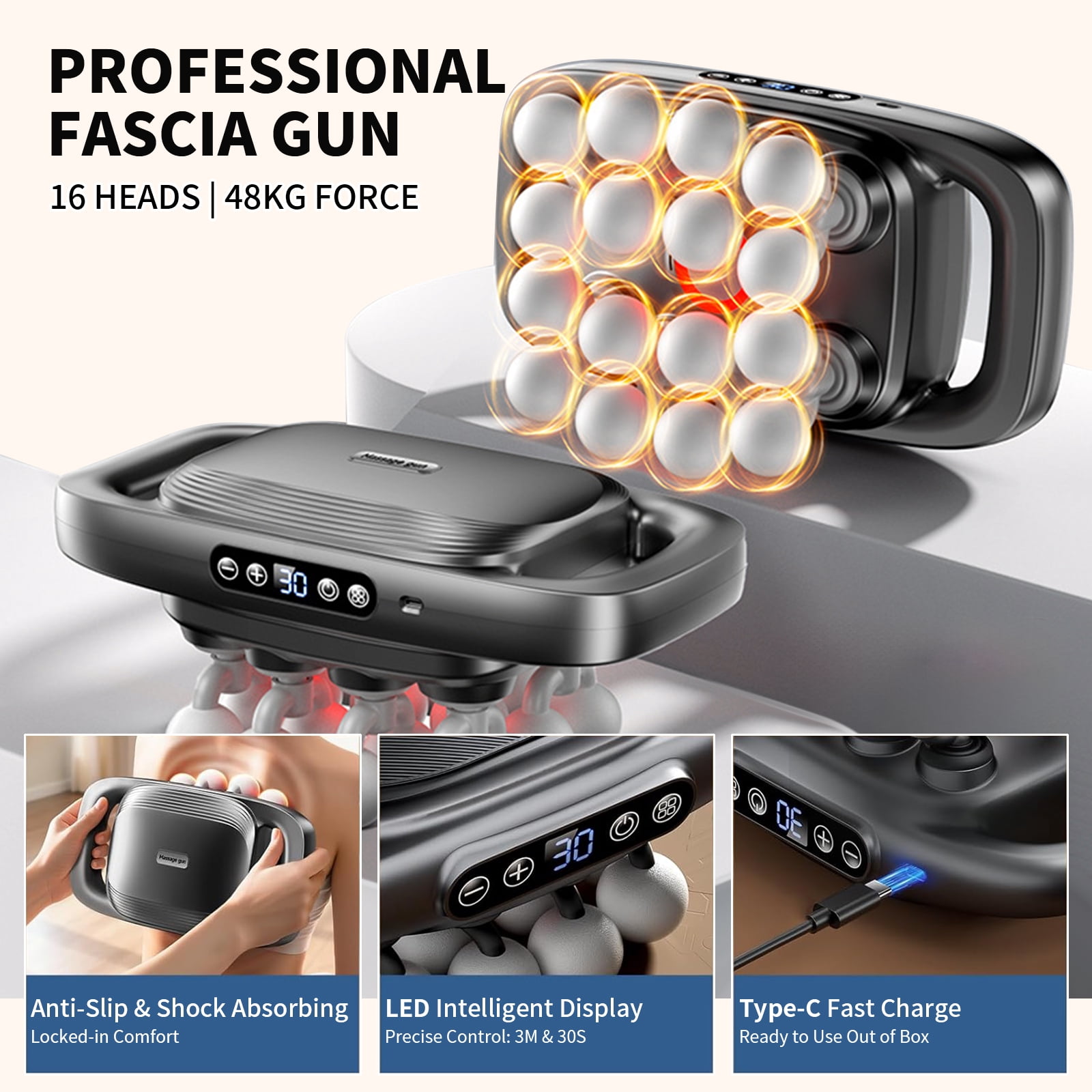 16-Head Massage Gun Set with 30 Levels & 3 Modes - Deep Tissue Percussion Muscle Massager for Effective Pain Relief in Back, Shoulders, Legs & Waist(Gray,16-Head)