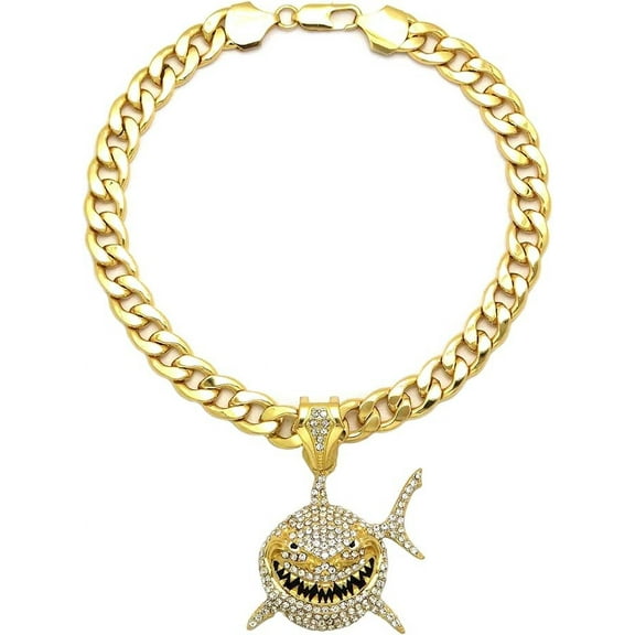 Hip Hop Iced Gold Plated Cubic Zirconia Shark Pendant & 11mm 20" Miami Cuban Chain Necklace Luxury Gift