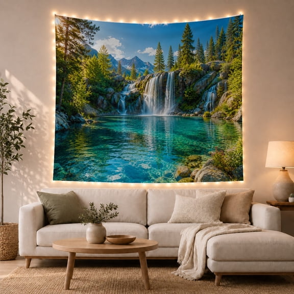 Cascading Waterfall Into Turquoise Pool in Forest Mountains, Serene Photographic for Nature Lovers, Landscape Wall Art Decor, Housewarming Gift, Tapestry Wall Hanging for Living Room and Bedroom