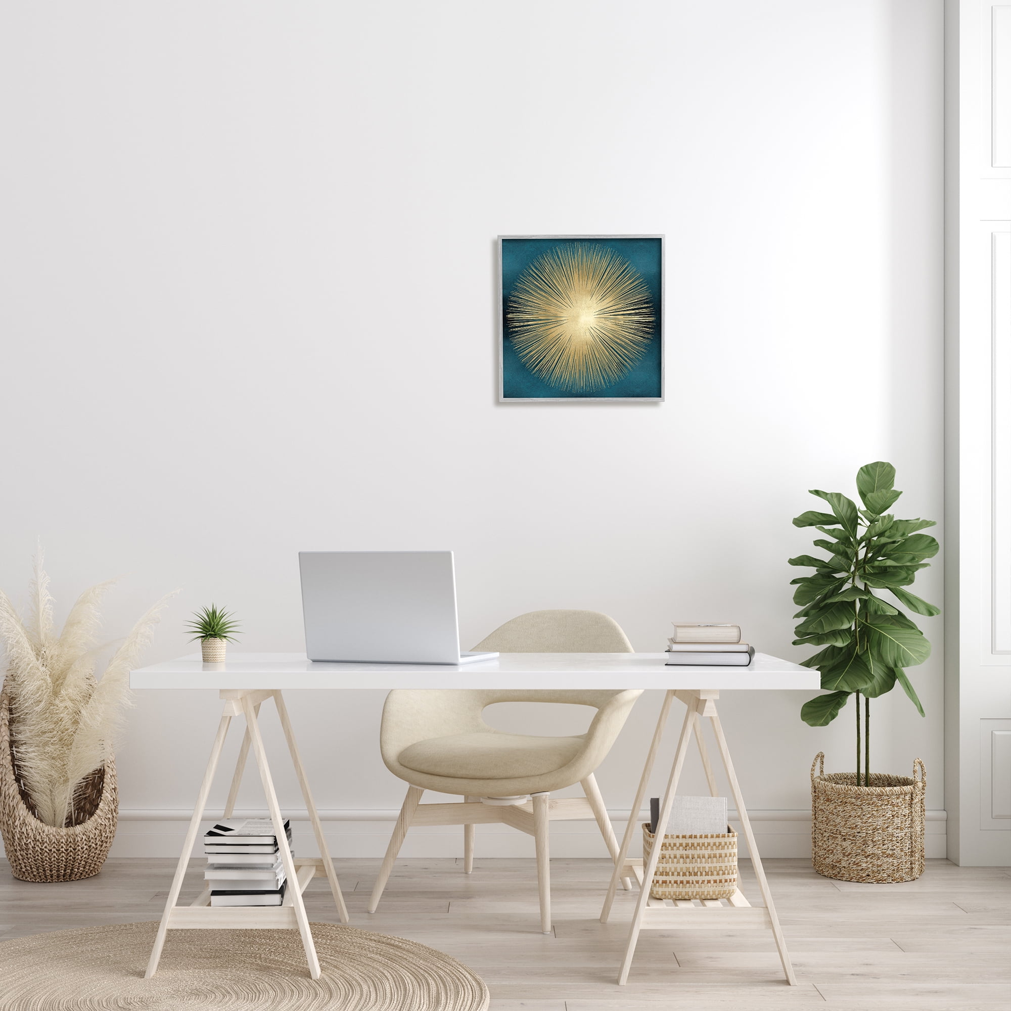 Abstract Deco Sunburst Shape Over Dark Blue Abstract Framed Art Print Wall Art, 17x17