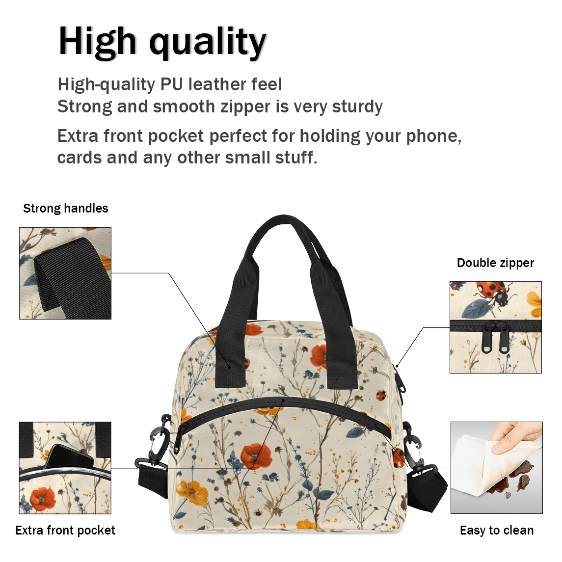 Herdesigns Floral Print Insulated Lunch Bag for Women Men Adults Large Reusable Lunch Box Leakproof Portable Cooler Tote Bags with Adjustable Shoulder Strap