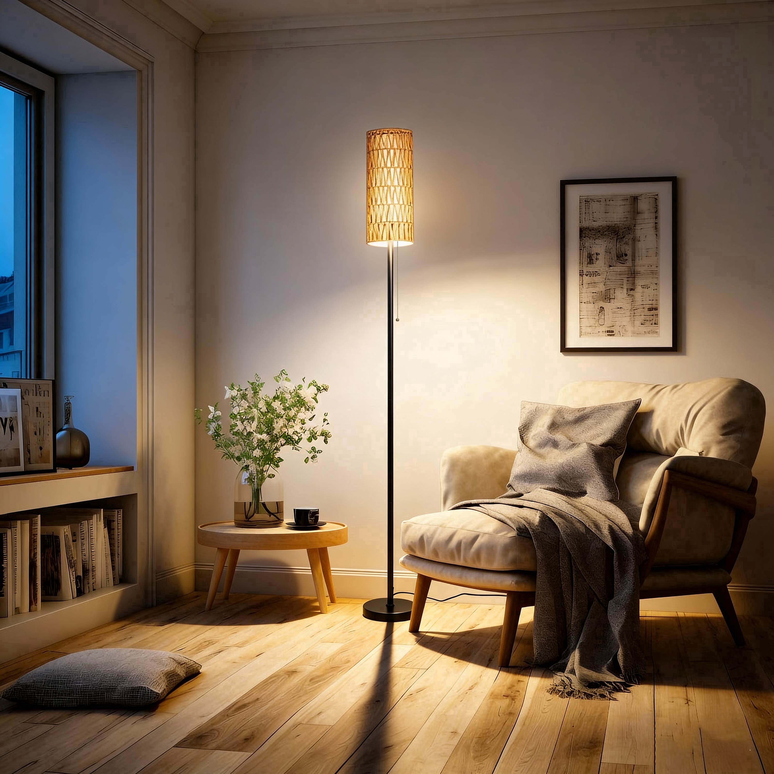 Coliware 63” Rattan Floor Lamp, Black Modern Standing Lamp with Pull Chain Dual Shade, Reading Pole Lamp with 3 Color Temperatures