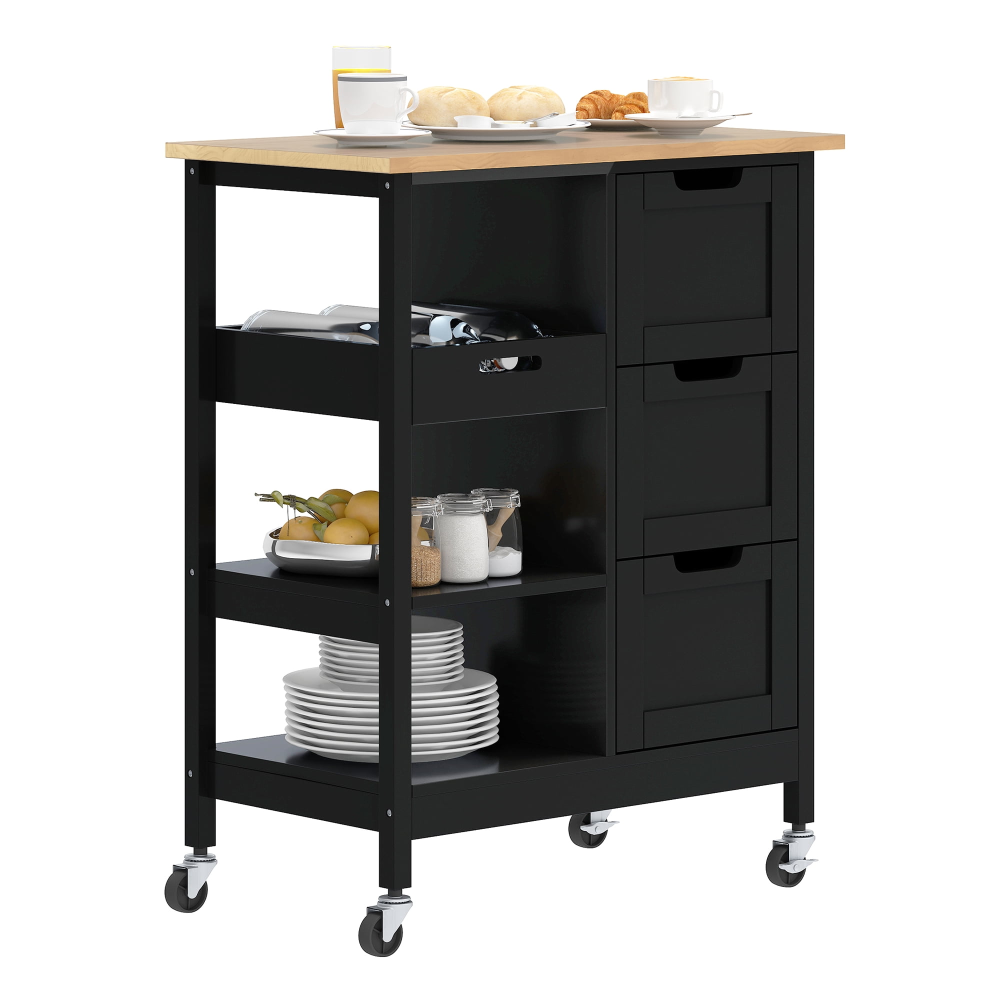 Uforic Kitchen Storage Cart with Drawers & Open Shelves, Rolling Kitchen Island, Black
