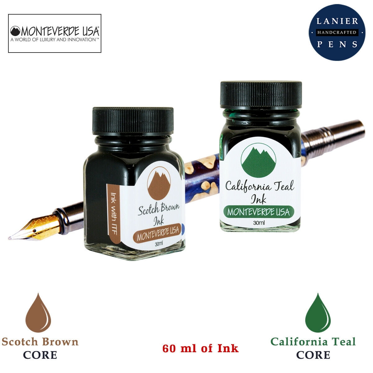 Monteverde 60ml Core Fountain Pen Ink Bottle (30ml Scotch Brown Ink Bottle G309SB, 30ml California Teal Ink Bottle G309CT)