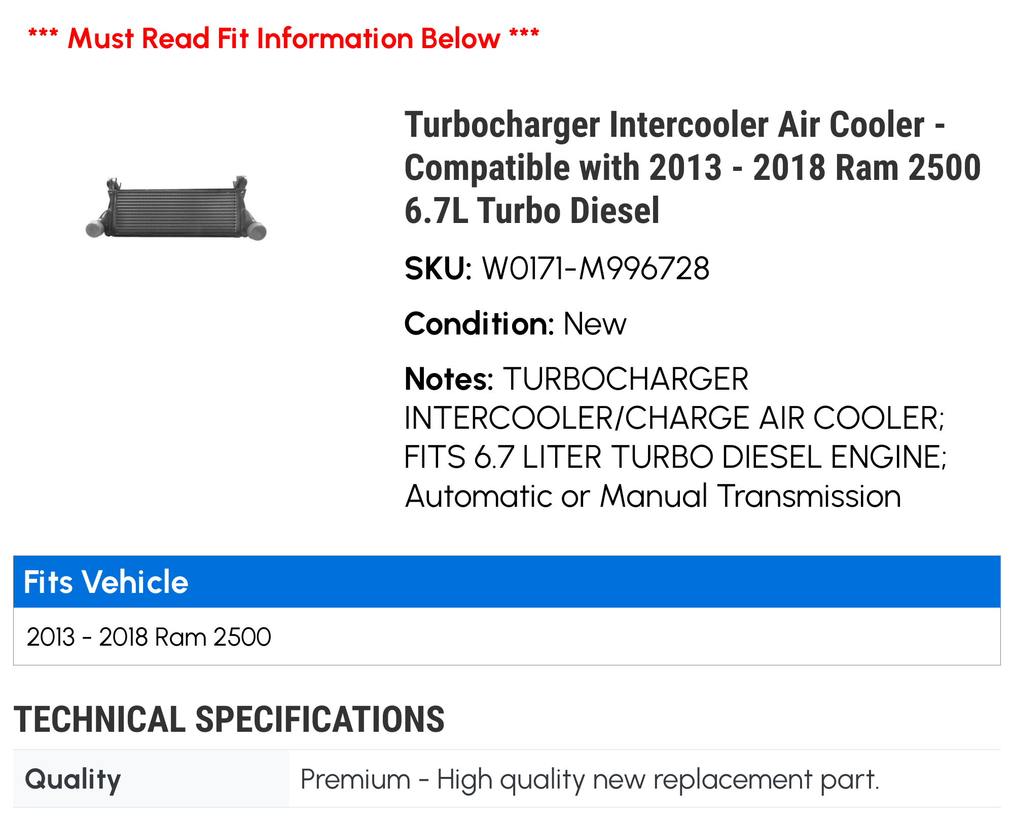 Turbocharger Intercooler Air Cooler Compatible with 2013 2018 Ram 2500  6.7L Turbo Diesel 2014 2015 2016 2017