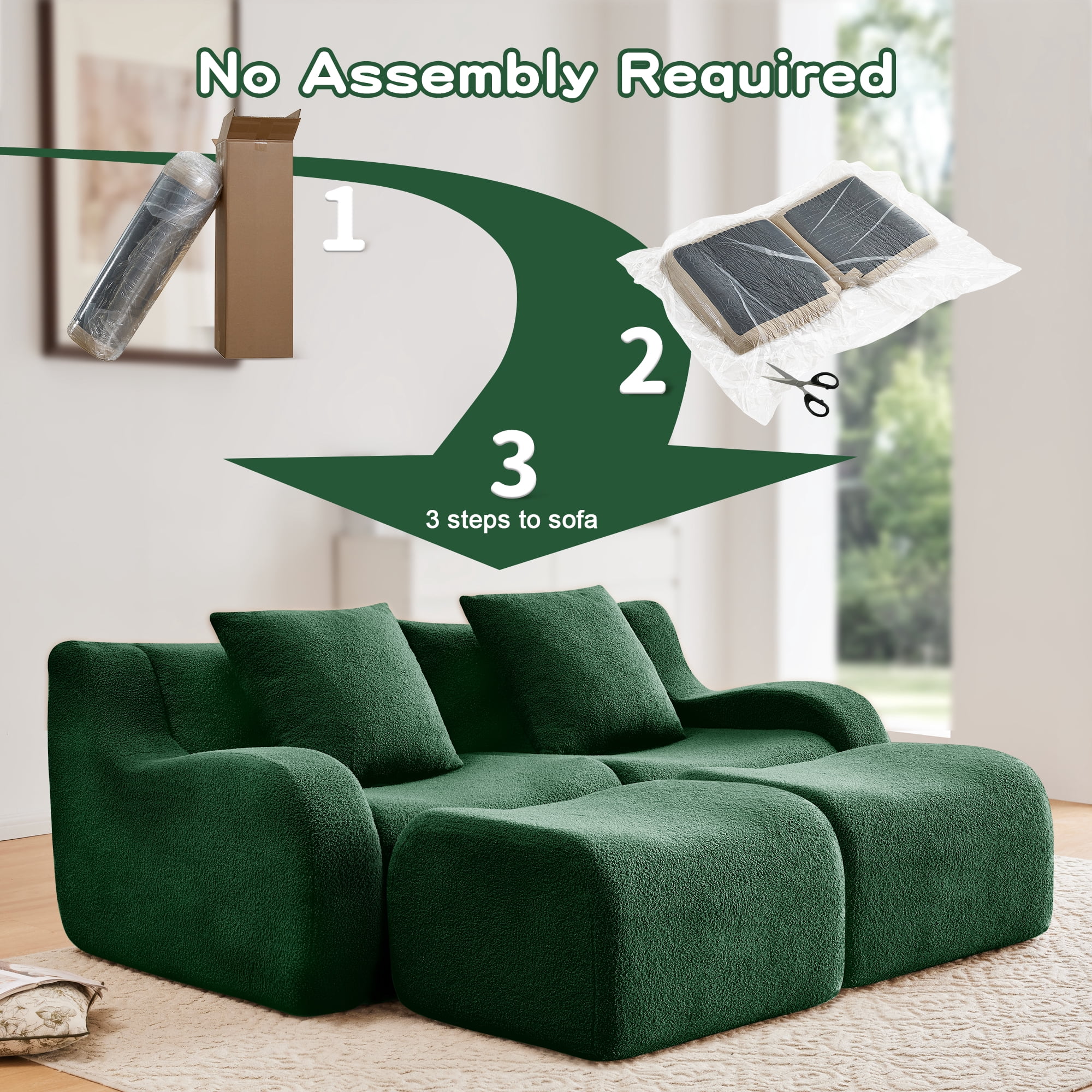 MAYEERTY 82.7" Teddy Fabric L-Shaped Boneless Sofa, Green 300lbs/seat 32D Foam No Assembly Curved Armrest Couch with Chaise for Living Room Bedroom