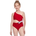 thumbnail image 4 of Fashion Parent-child Swimwear Mom and Children Bow Oblique Shoulder Hollow High Waist One-piece Swimsuit, 4 of 6