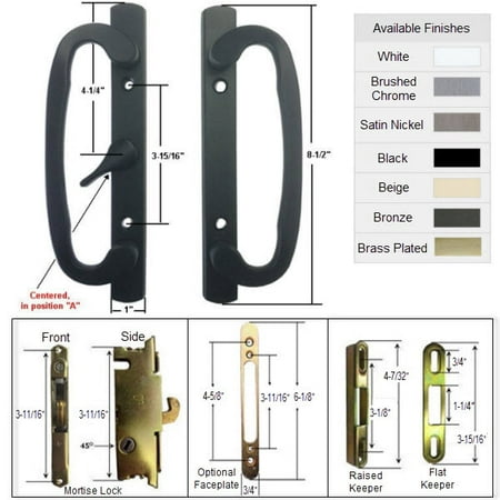 Sliding Glass Patio Door Handle Kit with Mortise Lock and Keepers, A-Position, Centered Latch Lever, Black,