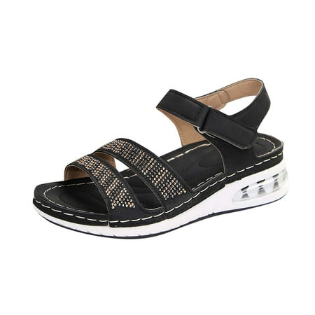 CHOII 50% Clearance Women s Solid Color Elevated Cushion Casual Beach Shoes Sandals Women s Shoes Rhinestone Wedge Sandals with Good Elasticity Ankle Strap Sandals Comfort Sandals Black/6.5