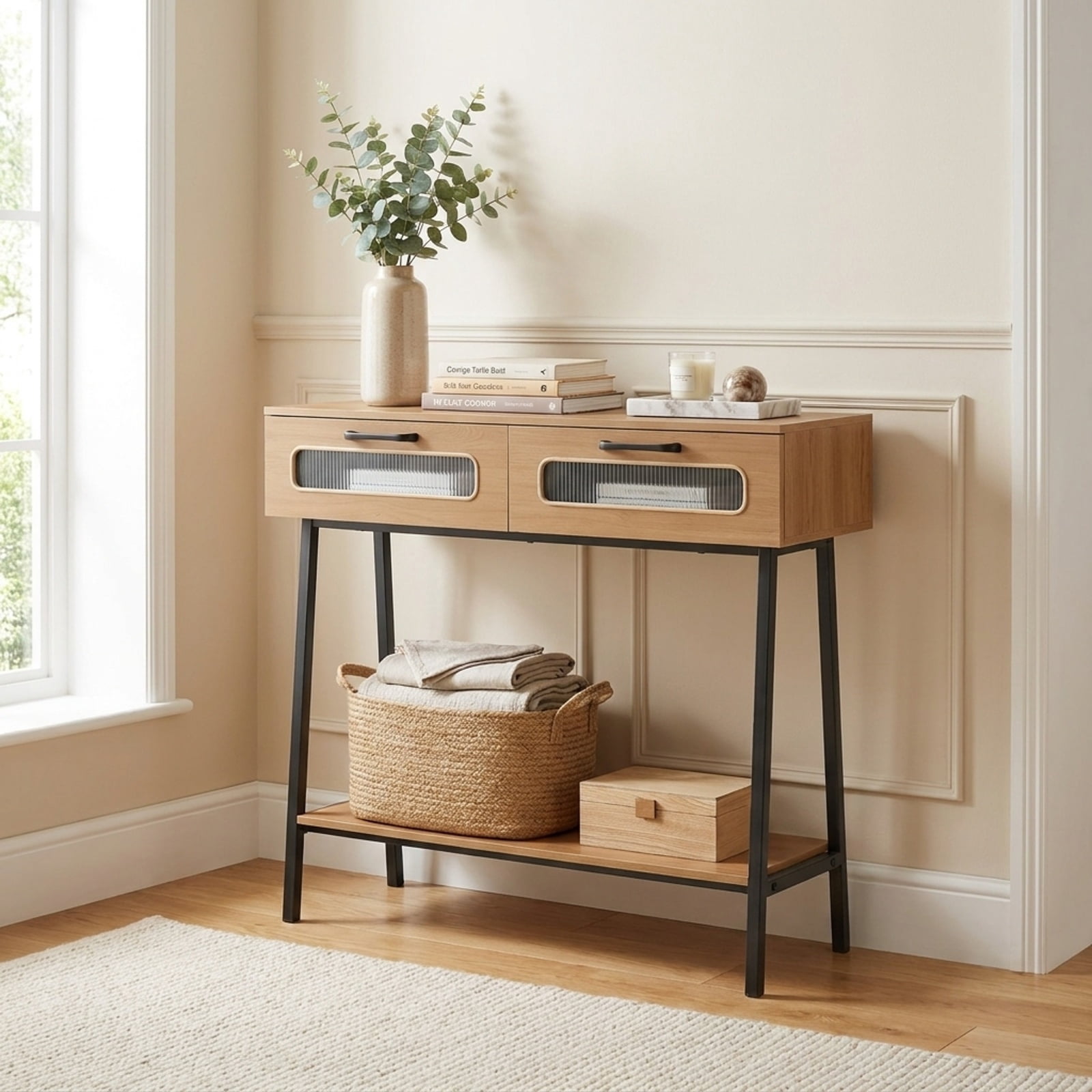 Furnibear Console Table with LED Lights and Open Shelf Entryway Table with 2 Drawers for Living Room Hallway Entrance Sofa, Natural