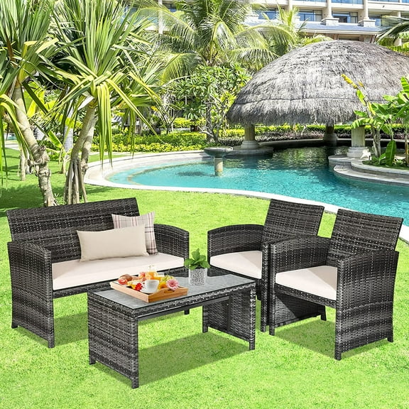 Costway 4PCS Patio Rattan Furniture Set Conversation Glass Table Top Cushioned Sofa, White