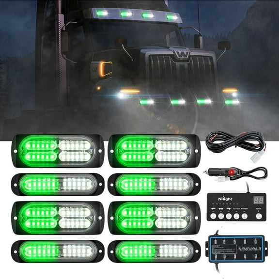Nilight 8PCS Led Strobe Lights with Controller 12V 24V Sync Feature Green White Emergency Hazard Warning Light 12 24 LED Surface Mount for Vehicle Car Truck RV ATV