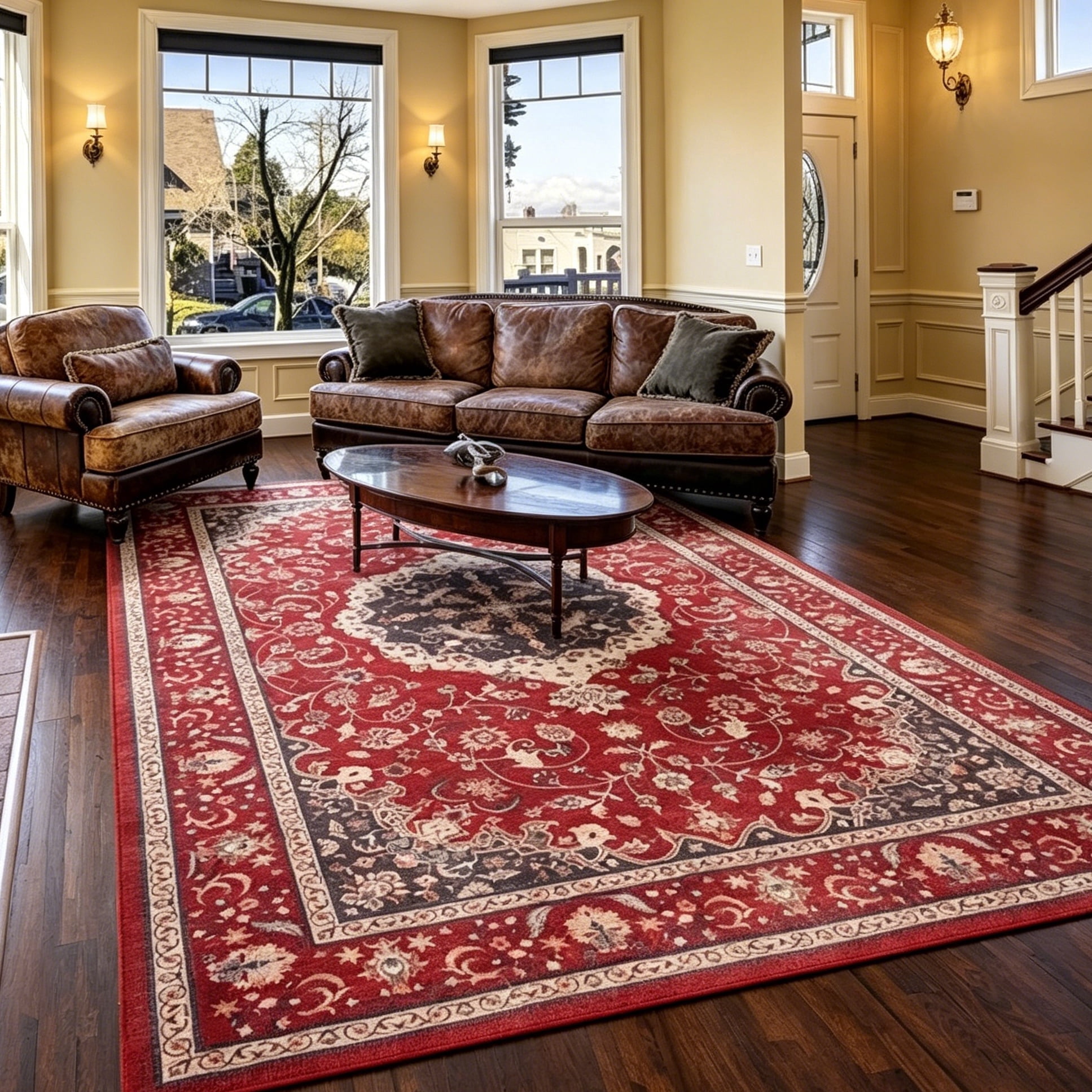 Jamfeel Area Rugs Vintage Floral Printed Washable Non-Slip Carpets Foldable Thin Low Pile Rug for Living Room Bedroom 8'x10' Red
