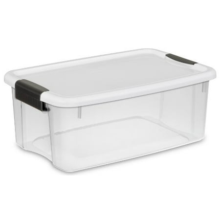 Ultra Poly Bins - STERILITE 19849806 18 Quart/17 Liter Ultra Latch Box, Clear with a White Lid and Black Latches, 6-Pack