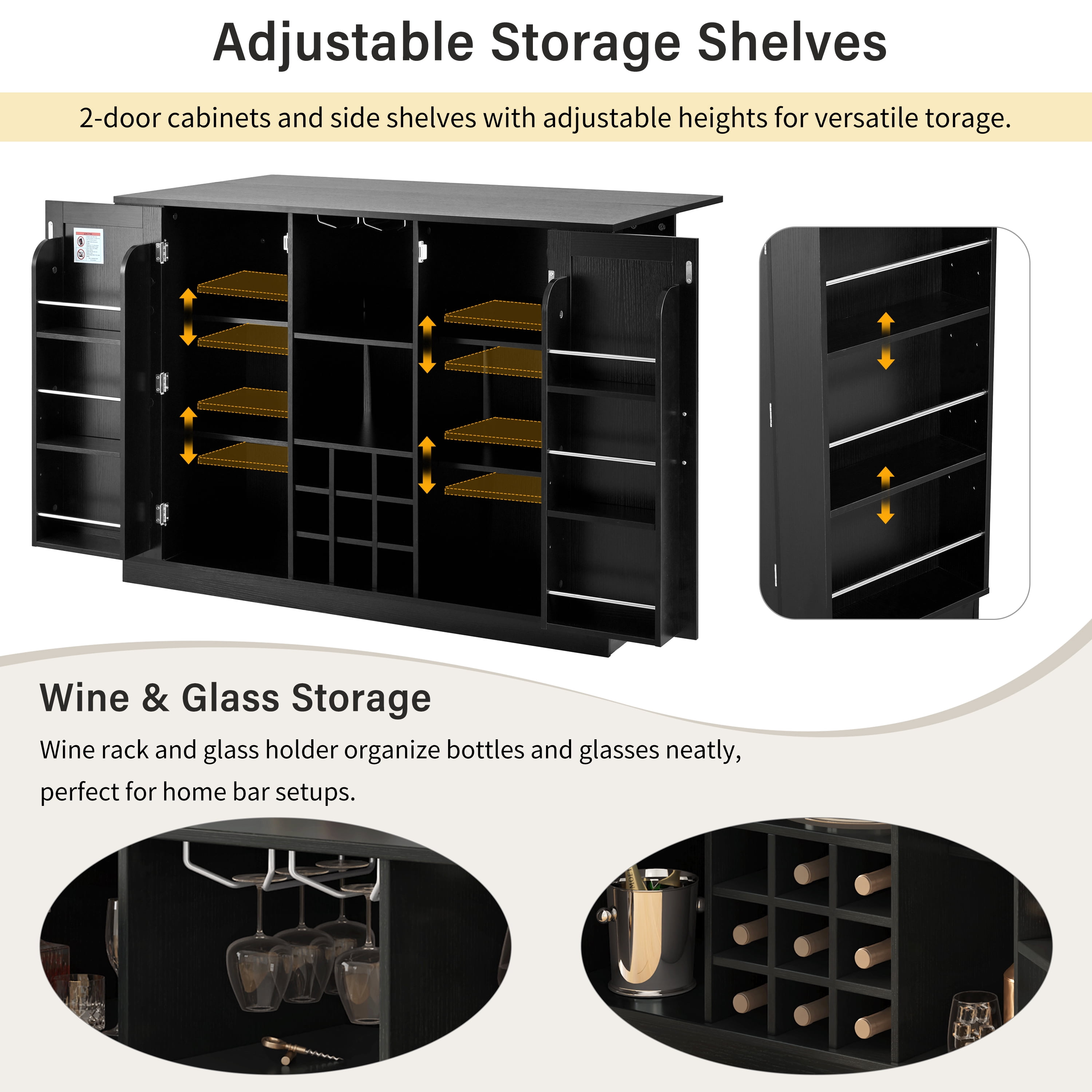 Euroco 47.2" Kitchen Island with Power Outlet, Wine Bar Cabinet with Side Shelves,Drop Leaf, Bottle Rack & Glass Holder, Coffee Bar Cabinet,Buffet Sideboard with Storage for Living Room,Black