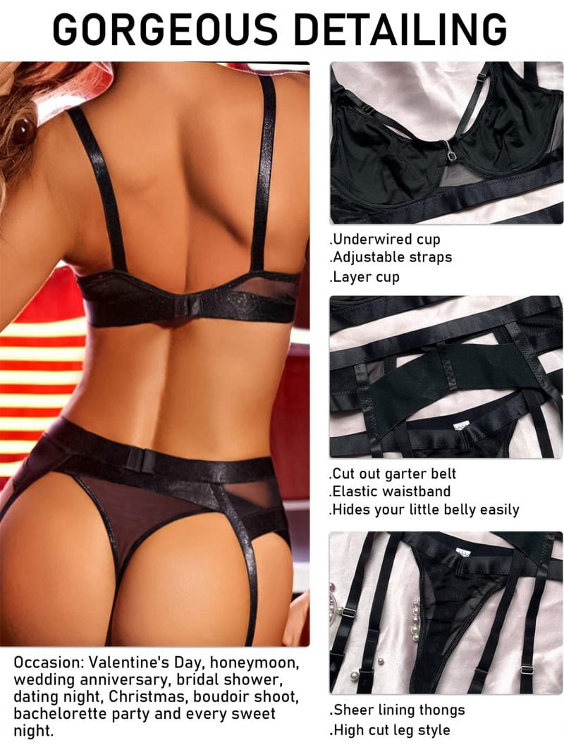popiv Sexy Lingerie Set for Women 4 Piece Bra and Panty Set with Garter  Belt Strappy Lingerie Set with Thigh CuffsBlackS-XL - Walmart.com