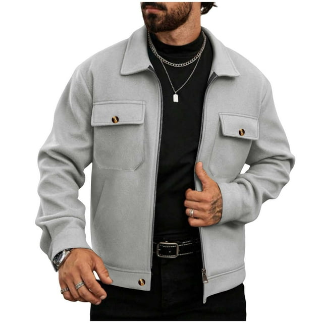 Lovzfmll Men's Wool Jacket Notched Lapel Zip Front Two Pockets Winter Coat Gray, L
