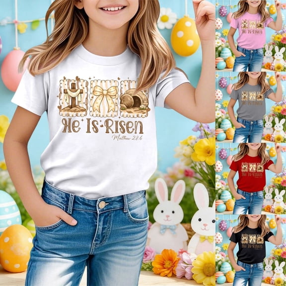LRen Girls Easter Shirts Size 7/8 Cute Graphic Short Sleeve Tee for Toddler Trendy Happy Easter Summer Tops Summer Clothes for Girls