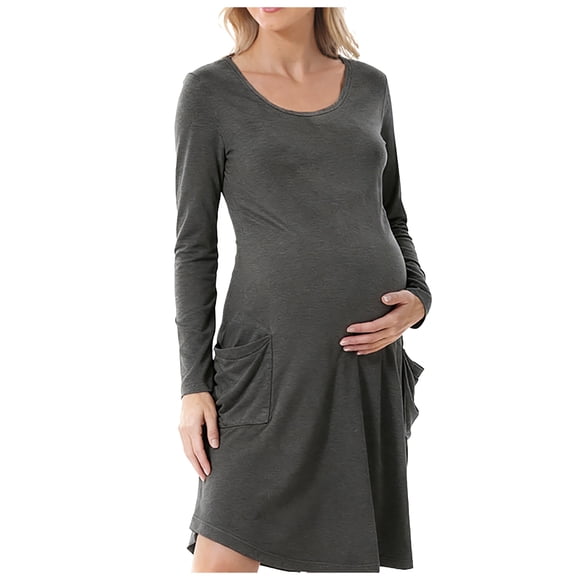 dmqupv Baby Shower Maternity Dress Women Maternity Dress Comfortable Soft Stylish Solid Color Suitable For Breastfeeding Long Sleeved Dress Dark Gray,Size for S