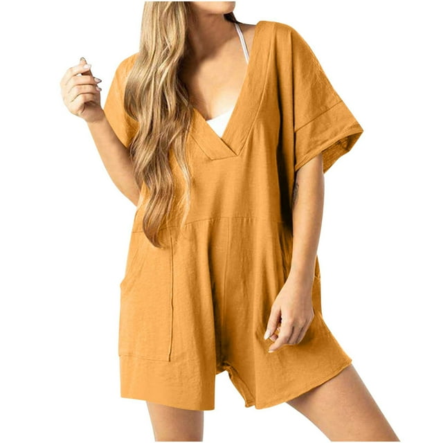 asjyhkr Womens Oversized Rompers Summer Short Sleeve Jumpsuits V Neck Loose Shorts Overalls with Pockets