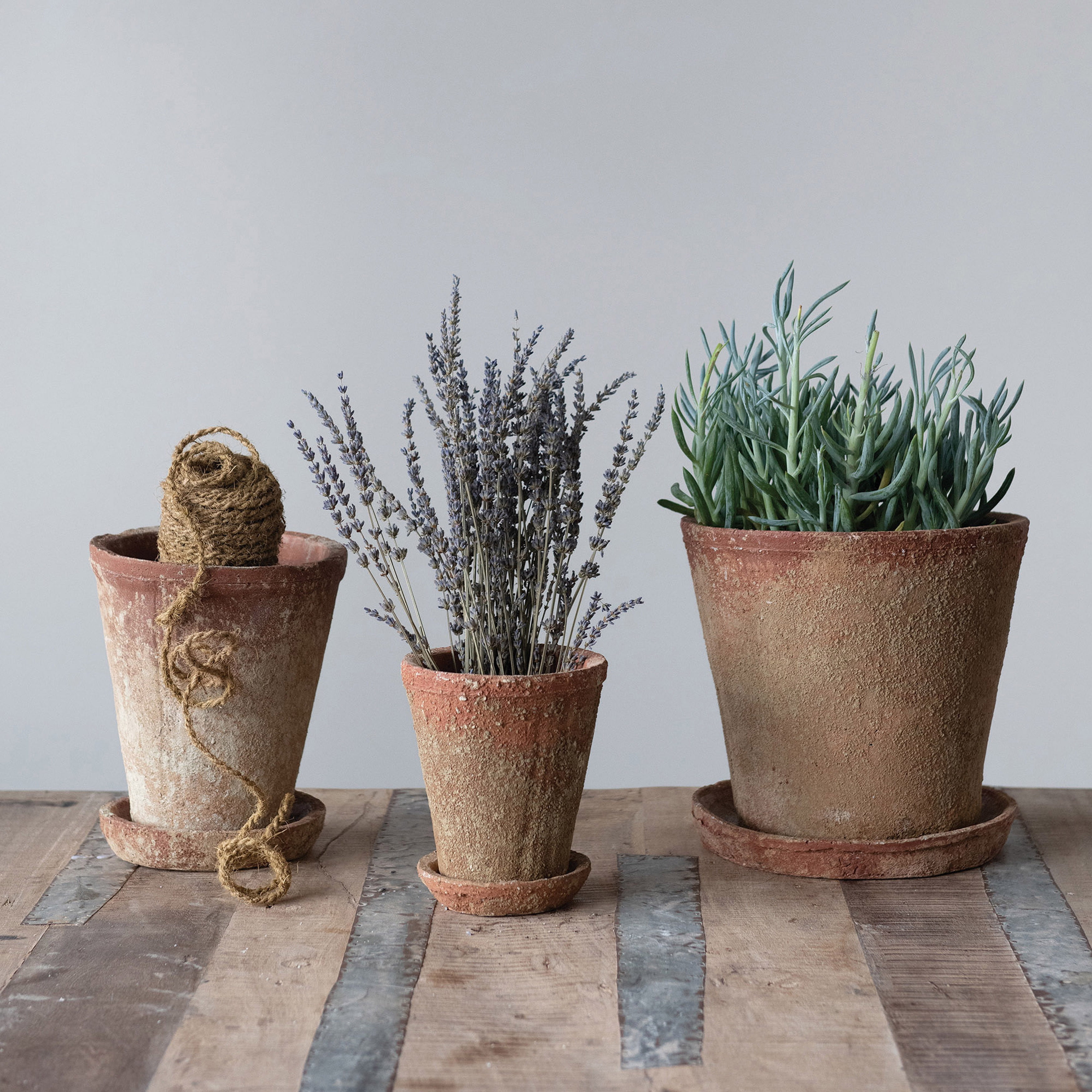 Creative Co-Op Cement Planter with Saucer, Distressed Terra-cotta Finish, Set of 2 (Holds 5" Pot)