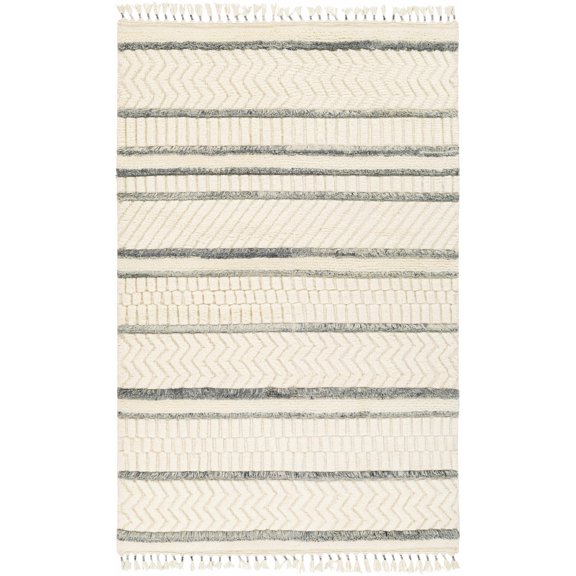 Hauteloom Dukec Wool Living Room, Bedroom Area Rug - Striped Herringbone Textured - Bohemian Transitional Boho - High Pile - Cream, Gray, Ivory - 2' x 3'