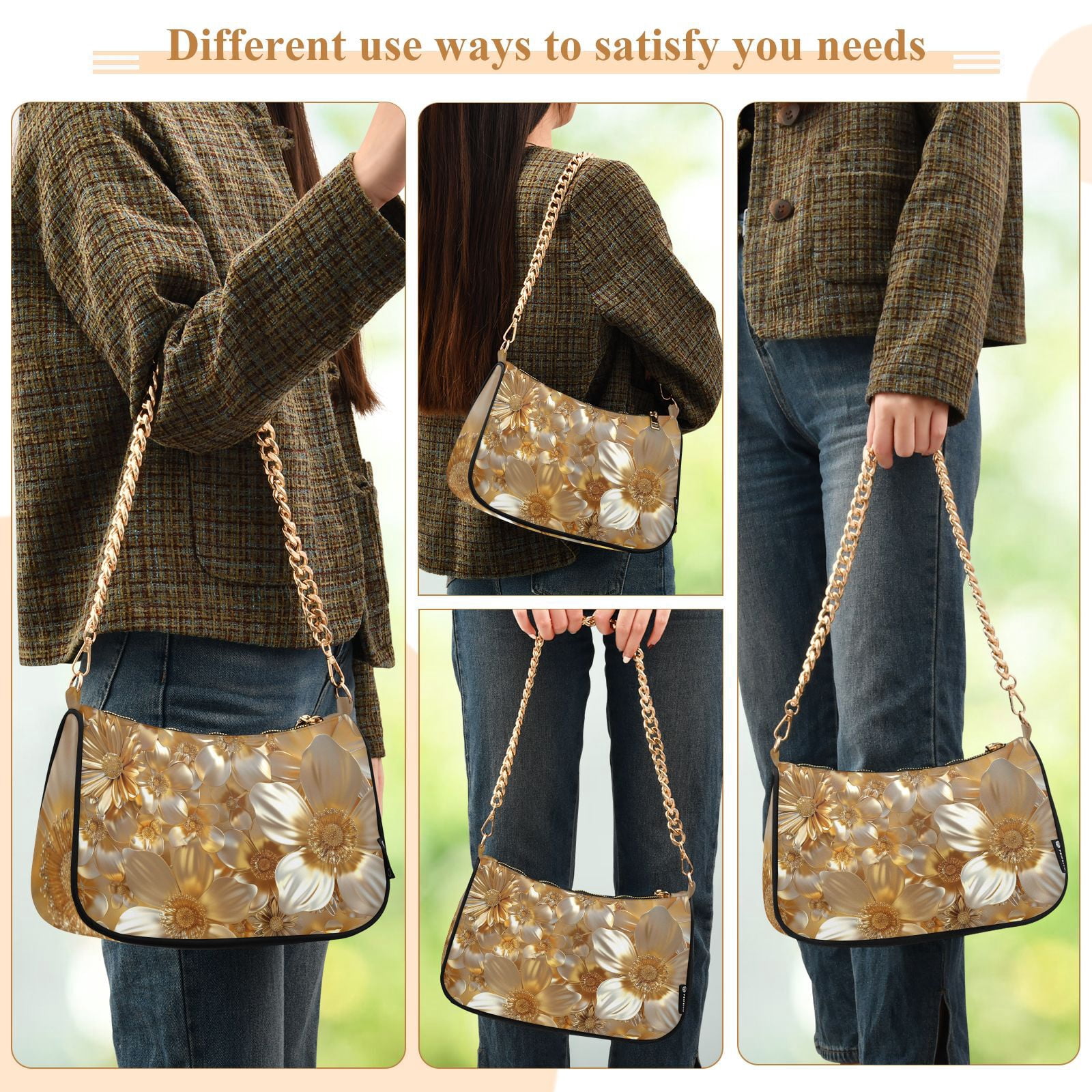 3d Gold FlowersWomen Small Shoulder Bag Crossbody Tote Hobo Bags Purse Clutch Handbags with Chain Strap for Women
