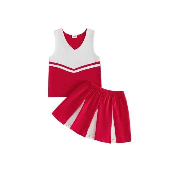 BemeyourBBs Kids Toddler Girl Soccer Cheerleader Red and White Cheer Team Uniforms for Girls Practice V Neck Tank Top with Pleated Skirt Set Rooter Stage Suit Summer Game Day Cheerleading Costume