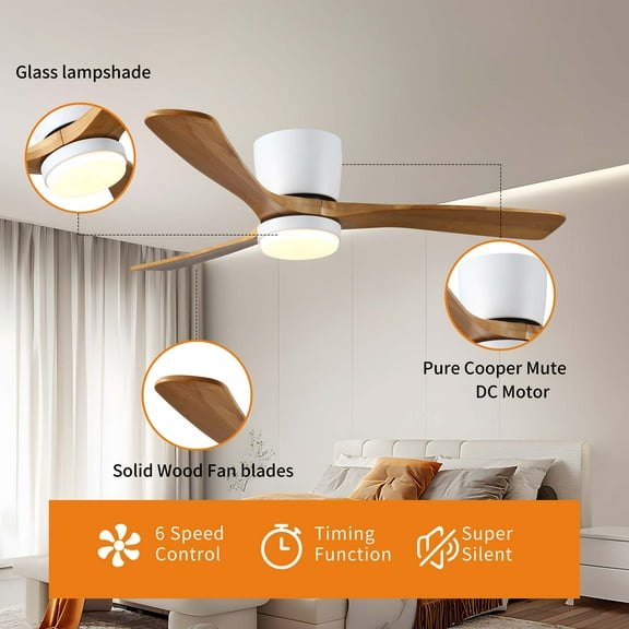 Miniyam 52 inch White Wood Ceiling Fan with Light and Remote, Modern Flush Mount Low Profile Ceiling Fan with LED, 6 Speed, Reversible DC Motor, for Bedroom/Outdoor/Farmhouse/Patios