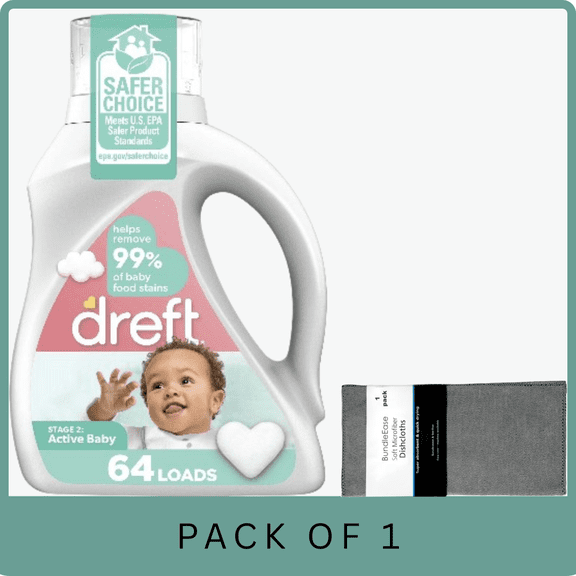Dreft Active Baby Liquid Laundry Detergent, Sensitive Skin, 92 fl oz with Microfiber Solid Color Towel by BundleEase