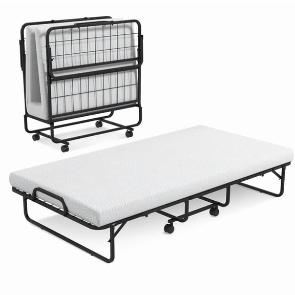 Twin Size Folding Bed with 4 Inch Memory Foam Mattress, Portable Rollaway Guest Bed with Metal Frame, Locking Wheels, 400 lb Capacity, Foldable Sleeper for Office Dorm Guest Room