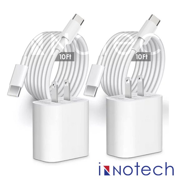 Pour Apple I Phone 15 /15 Pro/15 pro max Chargeur USB‐C Chargeur Mural Charge Rapide Lot de 2 20W PD (Certifié MFI) Adaptateur avec Câble Tressé USB de 10 Pieds Compatible avec IPhone 15/15Pro/15 ProMax - Lot de 2