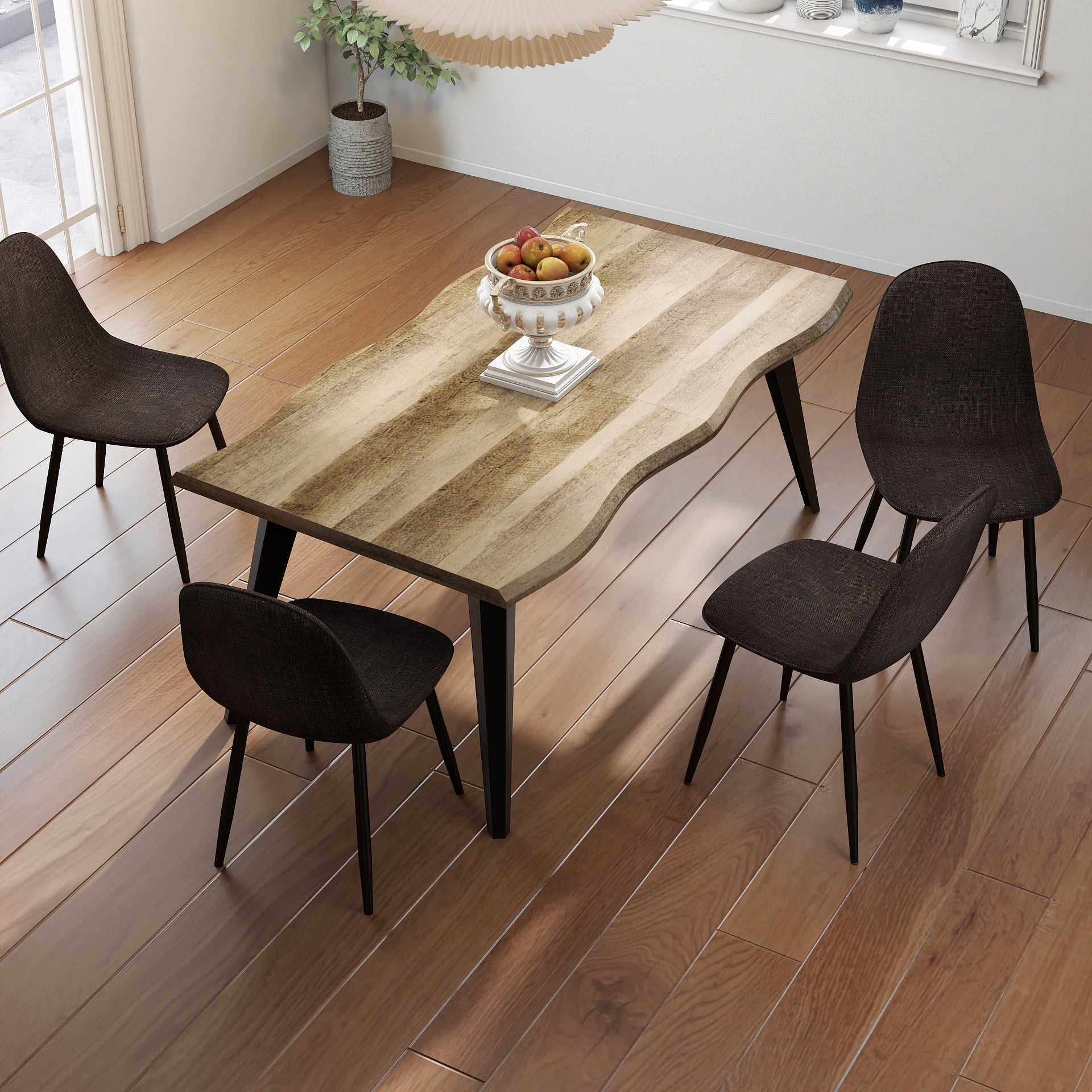 Ensemble de salle à manger Homy Casa style industriel moderne 5 pièces pour 4 personnes, table en faux bois imitation noyer avec bords naturels et 4 chaises sans accoudoirs
