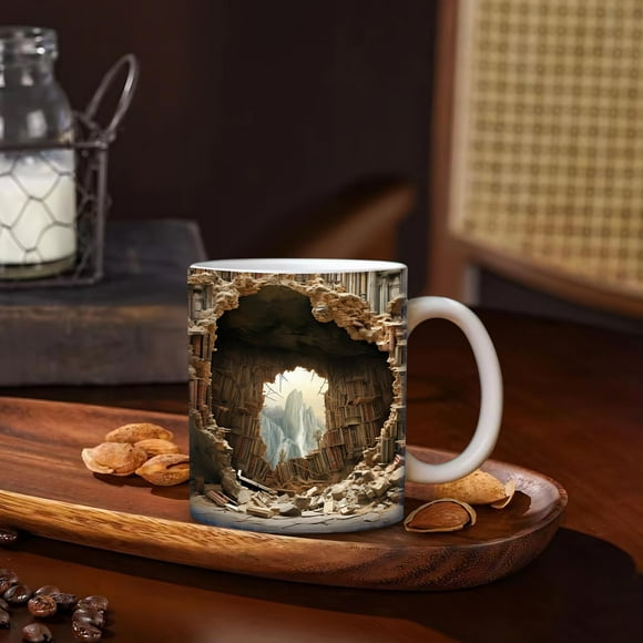 Suncoda Mug, 3 D Creatives Space Bookshelf Ceramic Mugs Study with Coffee Mugs for Book Lovers Gift