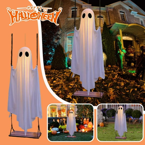 Decorations Outdoor - 5 FT Large Hanging Swing Ghost Halloween Decor with String Lights - Spooky Cute Ghosts Decorations for Front Porch Yard Tree ( Non-Remote-Controlled )